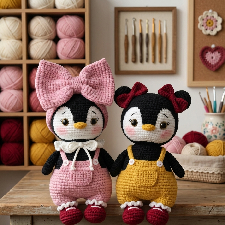 Adorable Penguin Doll Crochet Pattern with Overalls and Bows (photo 2)