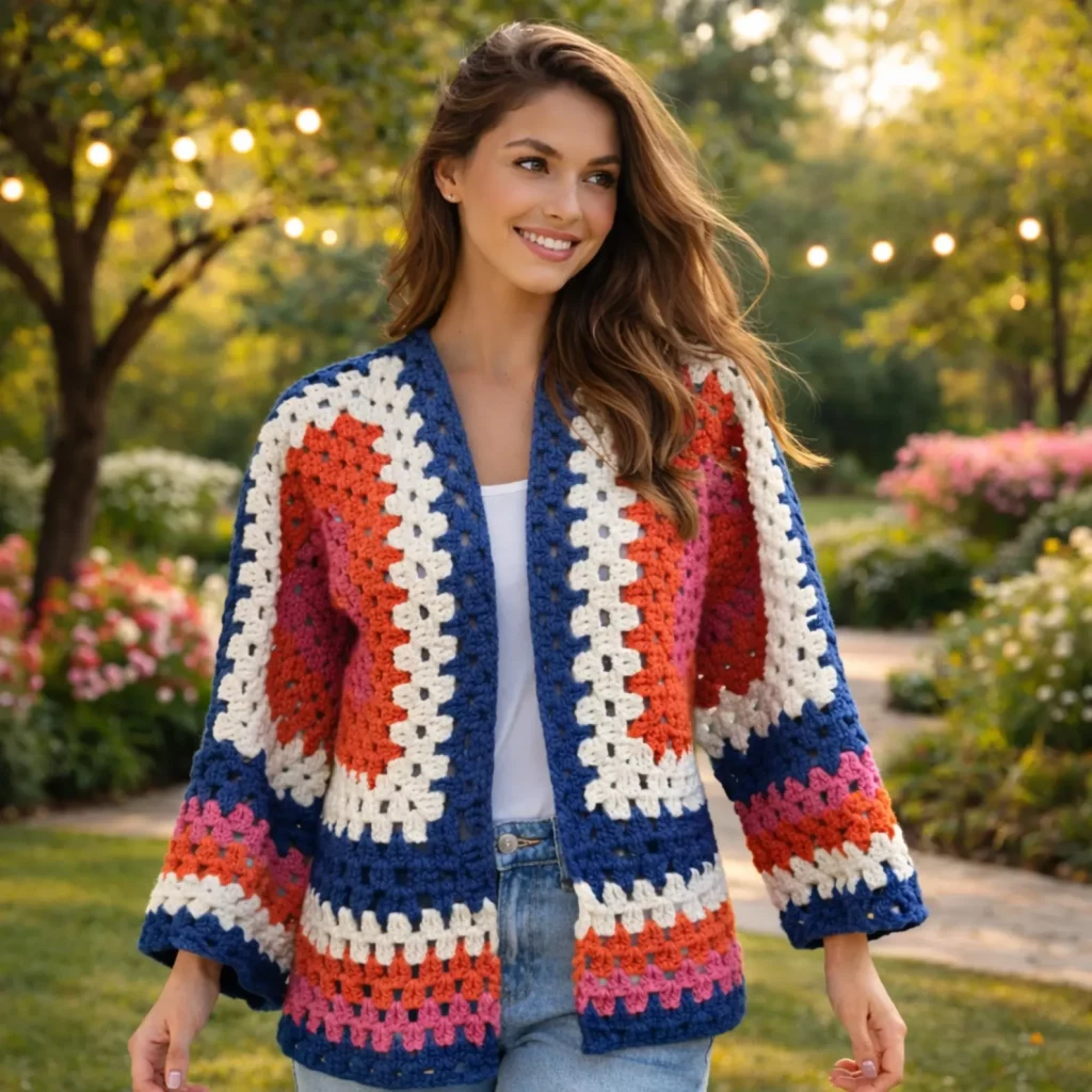 Colorful Granny Square Cardigan Crochet Pattern (photo 1)