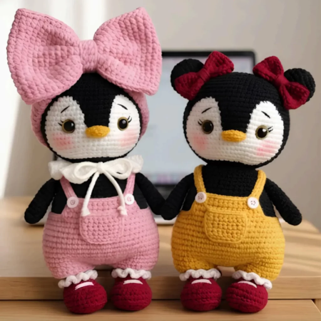 Adorable Penguin Doll Crochet Pattern with Overalls and Bows (photo 1)