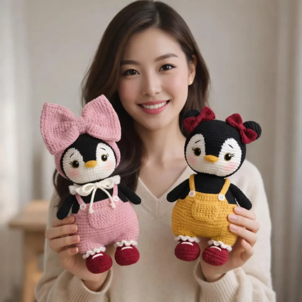 Adorable Penguin Doll Crochet Pattern with Overalls and Bows (photo 3)