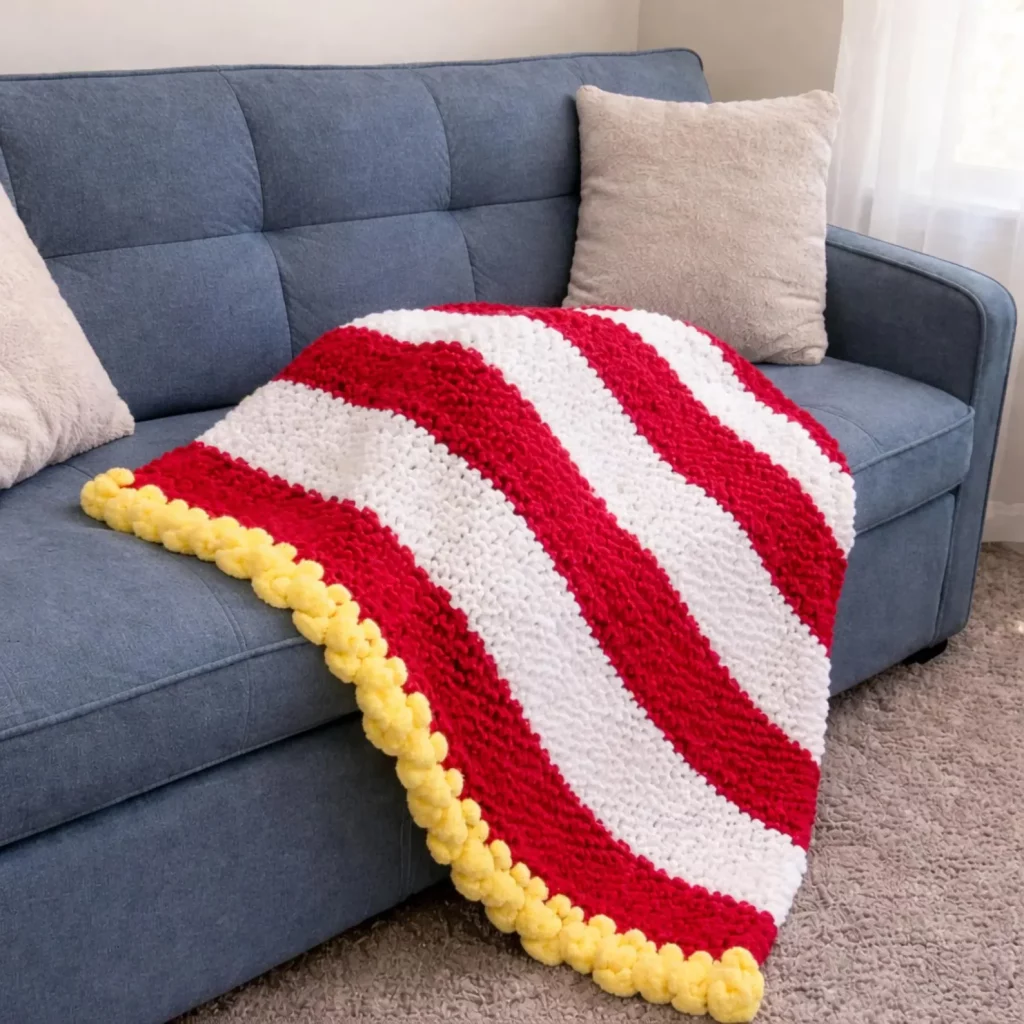 Cozy Striped Crochet Blanket Pattern with Pom-Pom Border – Easy DIY Crochet for Beginners (photo 1)