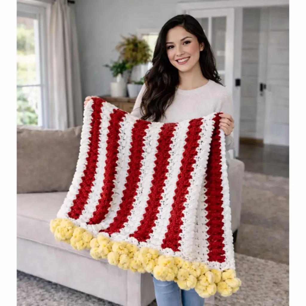 Cozy Striped Crochet Blanket Pattern with Pom-Pom Border – Easy DIY Crochet for Beginners (photo 2)