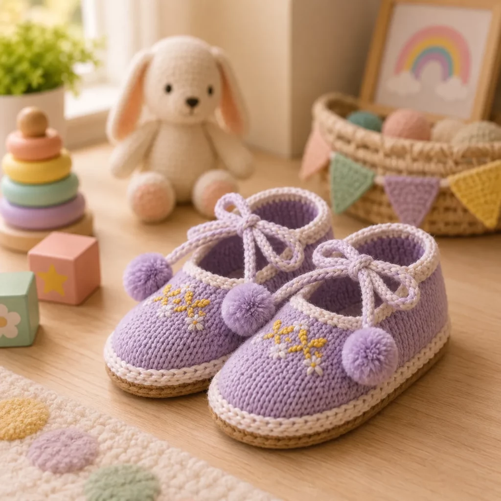Baby Mary Jane Crochet Shoes Pattern: Cozy Tie-Up Booties With Pom-Poms and a Soft “Espadrille” Sole Look (photo 1)