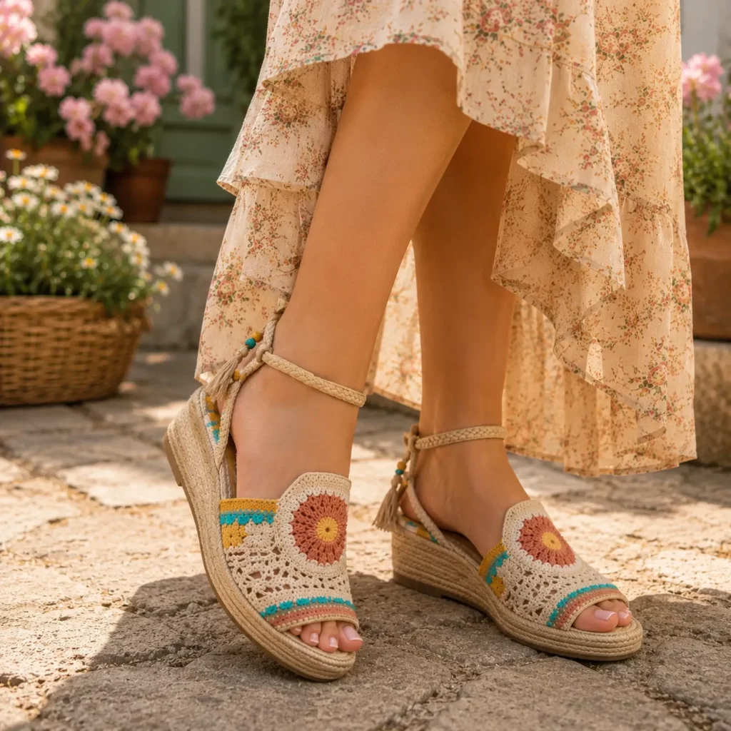 Boho Crochet Wedge Sandals Pattern: Floral Lace Uppers With Ankle Straps for a Cute, Secure Summer Fit (photo 1)