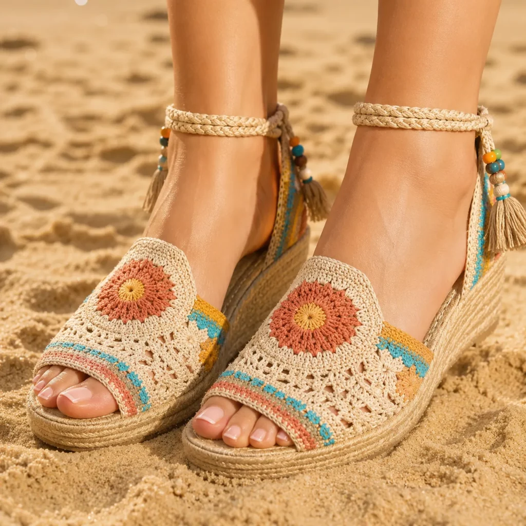 Boho Crochet Wedge Sandals Pattern: Floral Lace Uppers With Ankle Straps for a Cute, Secure Summer Fit (photo 3)