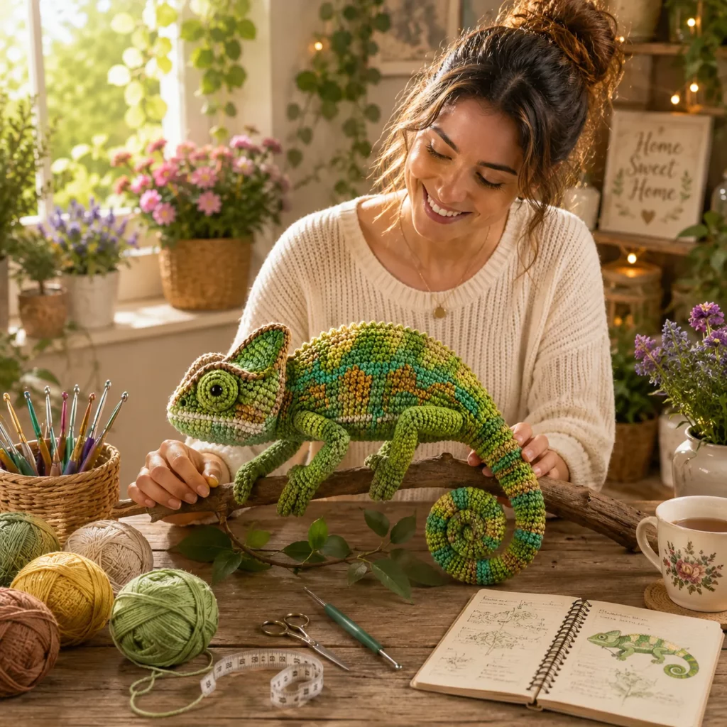 Chameleon Amigurumi Crochet Pattern With Curled Tail, Colorwork Spots, and Branch-Pose Legs (photo 2)