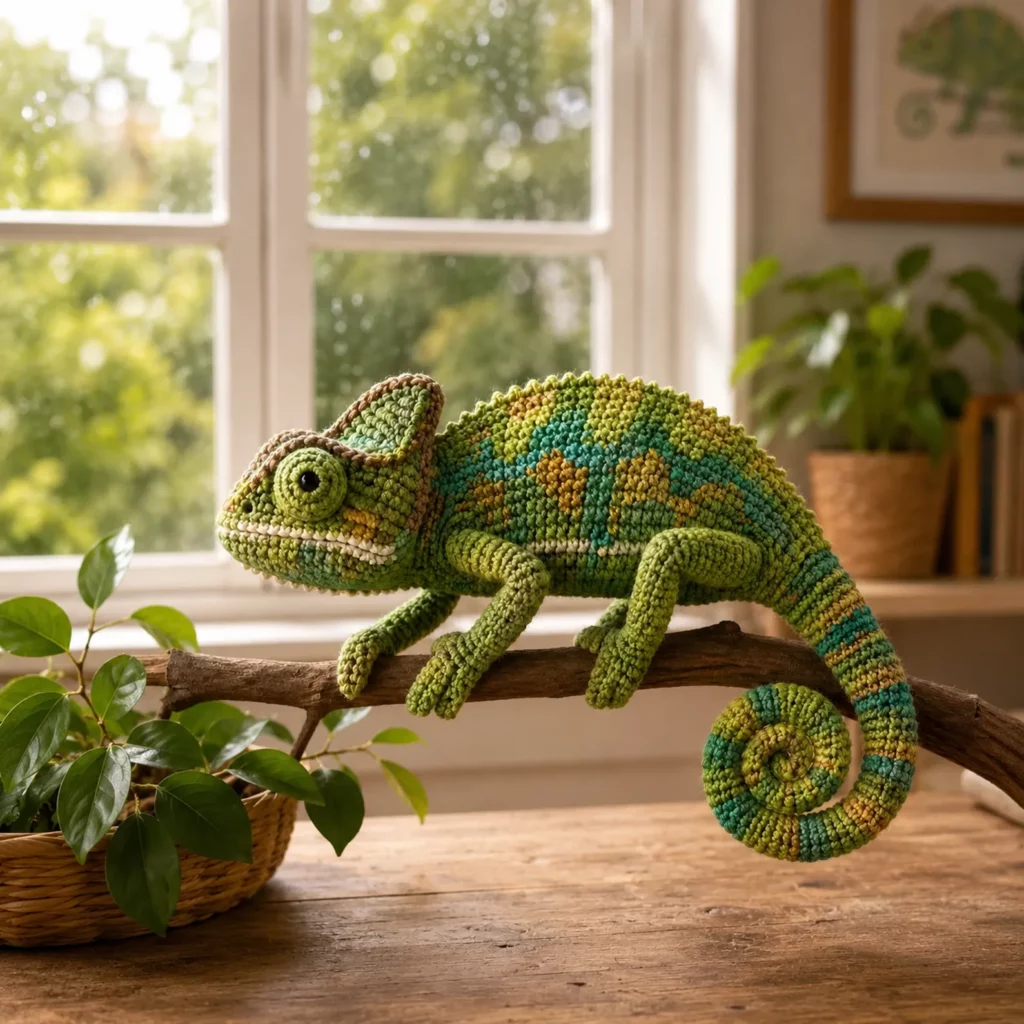 Chameleon Amigurumi Crochet Pattern With Curled Tail, Colorwork Spots, and Branch-Pose Legs (photo 1)