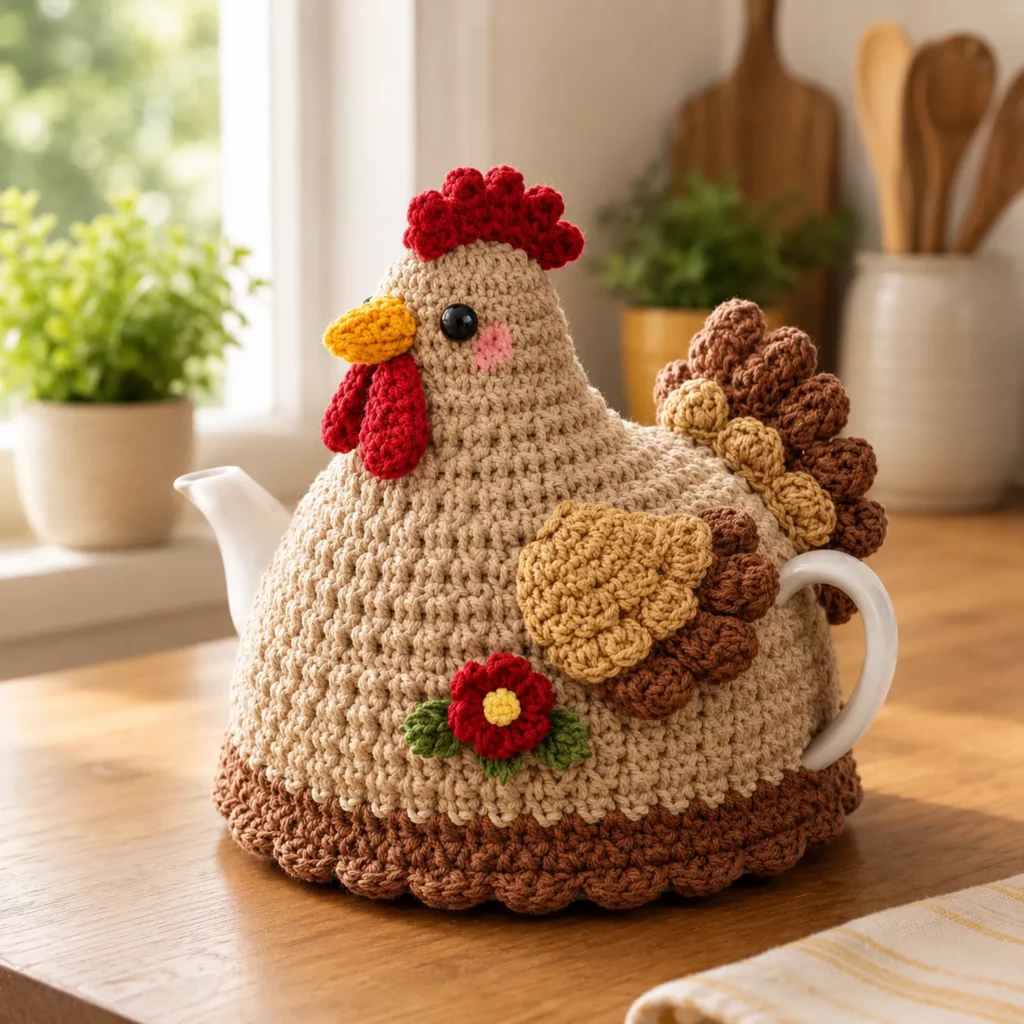 Chicken Teapot Cozy Crochet Pattern: Cute Hen Tea Cosy With Bobble Base, Wings, Comb, and Flower Detail (photo 1)