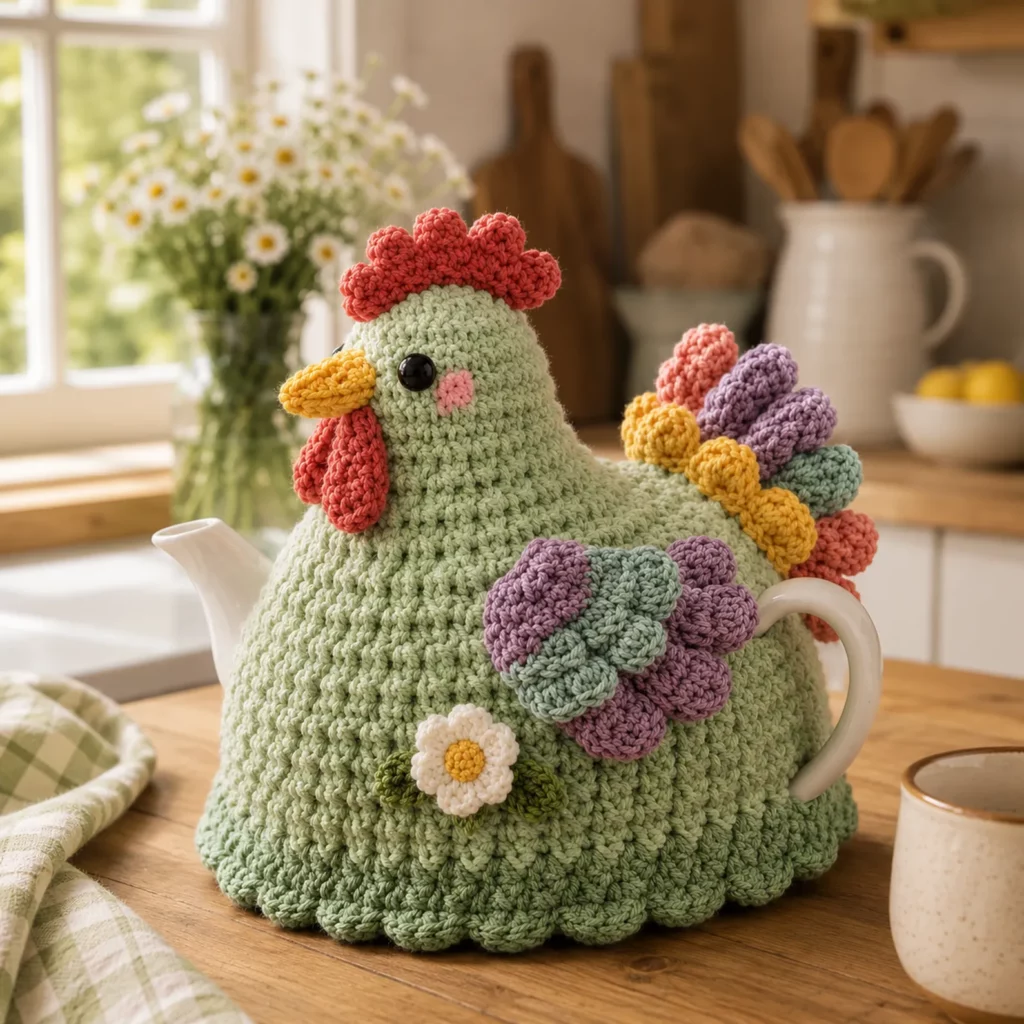 Chicken Teapot Cozy Crochet Pattern: Cute Hen Tea Cosy With Bobble Base, Wings, Comb, and Flower Detail (photo 2)