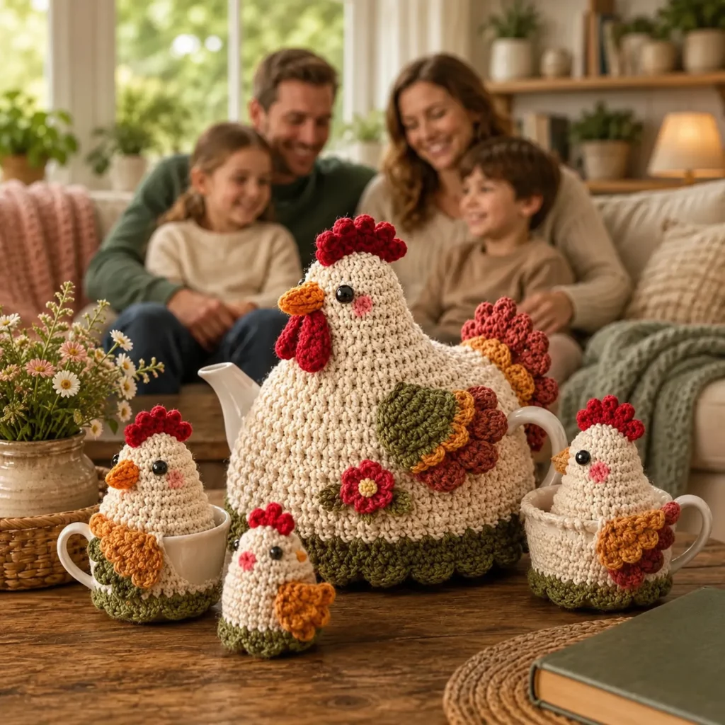 Chicken Teapot Cozy Crochet Pattern: Cute Hen Tea Cosy With Bobble Base, Wings, Comb, and Flower Detail (photo 3)