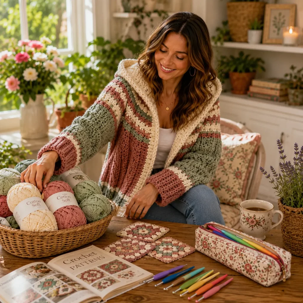 Chunky Hooded Cable Cardigan Crochet Pattern With Striped Yoke and Oversized Cozy Fit (photo 2)