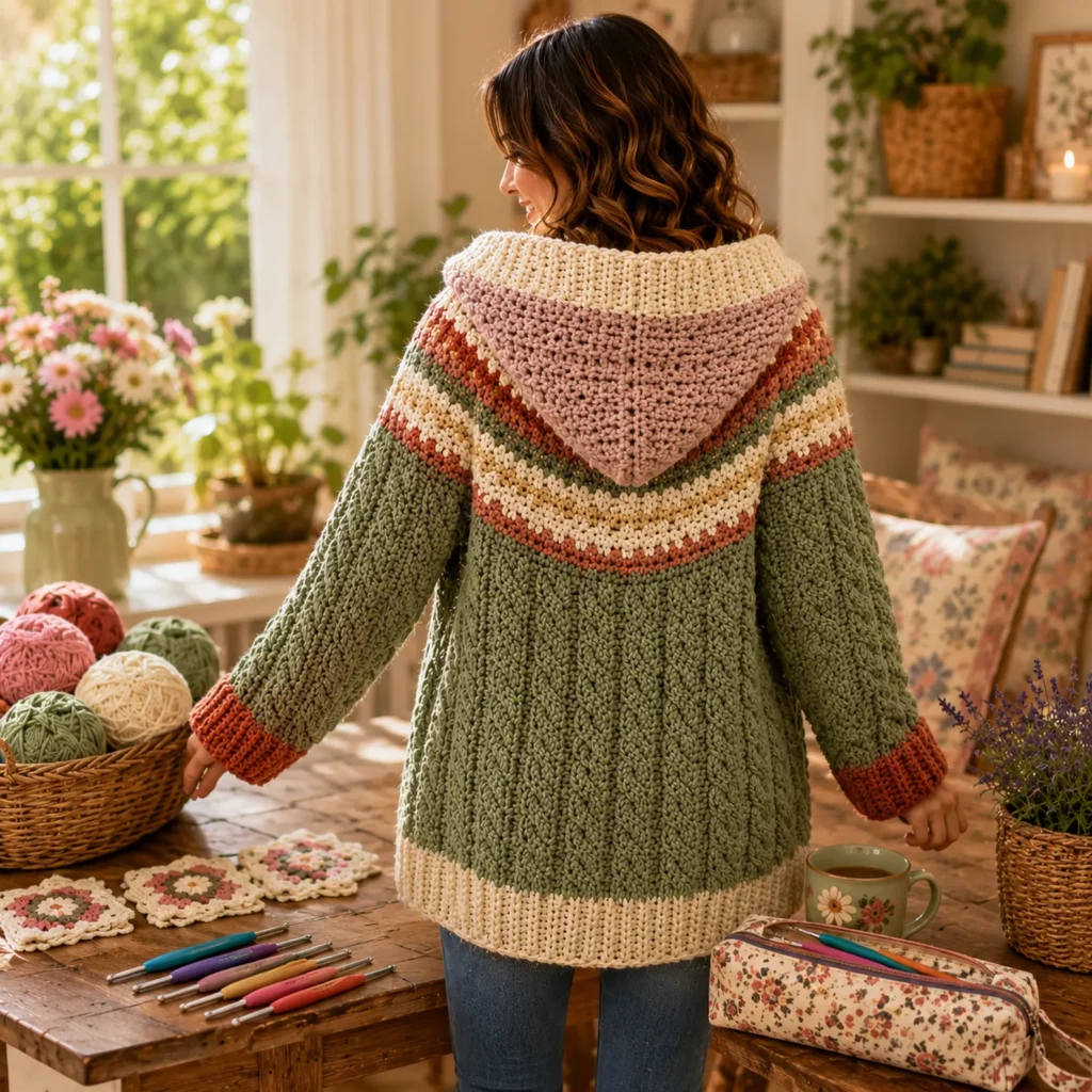 Chunky Hooded Cable Cardigan Crochet Pattern With Striped Yoke and Oversized Cozy Fit (photo 3)