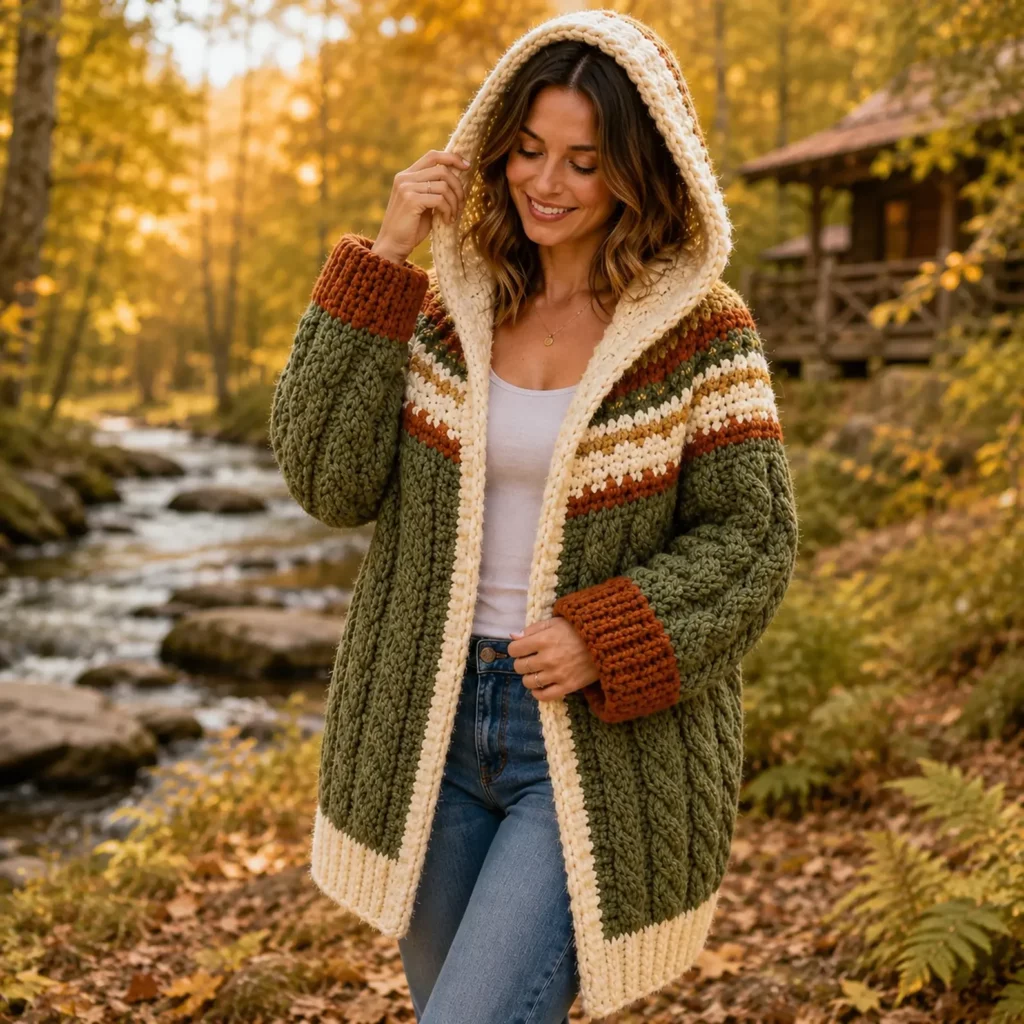 Chunky Hooded Cable Cardigan Crochet Pattern With Striped Yoke and Oversized Cozy Fit (photo 1)