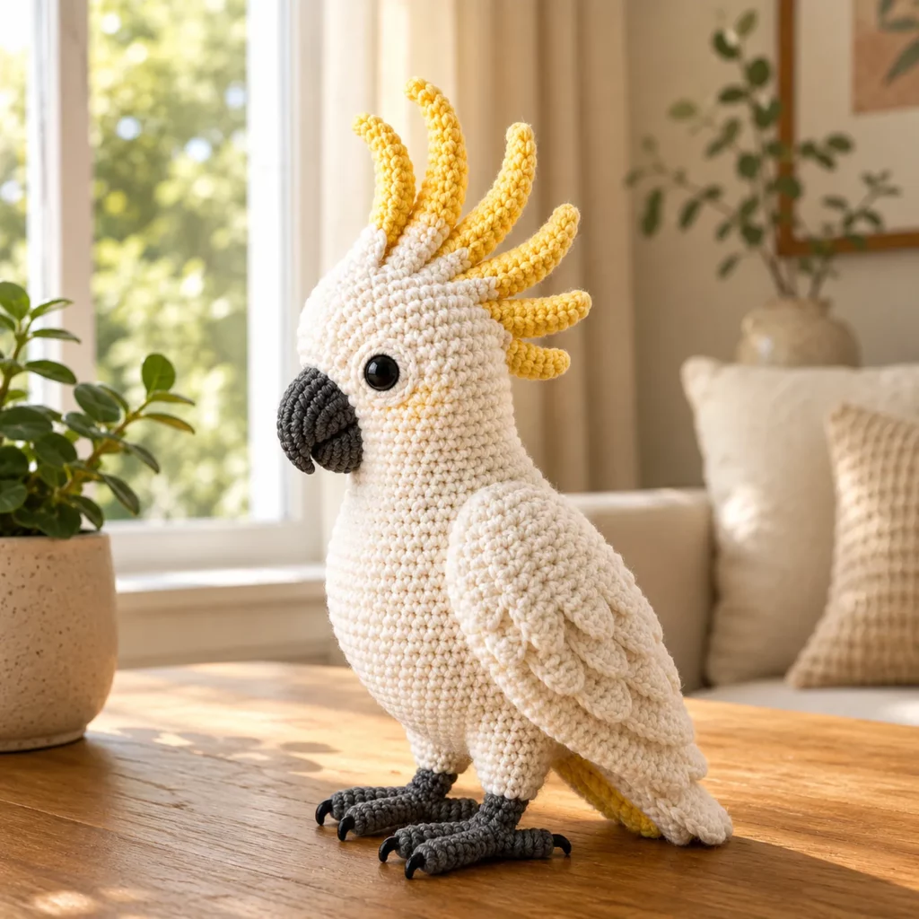 Cockatoo Amigurumi Crochet Pattern With Yellow Crest, Layered Wings, and Curved Beak (photo 1)