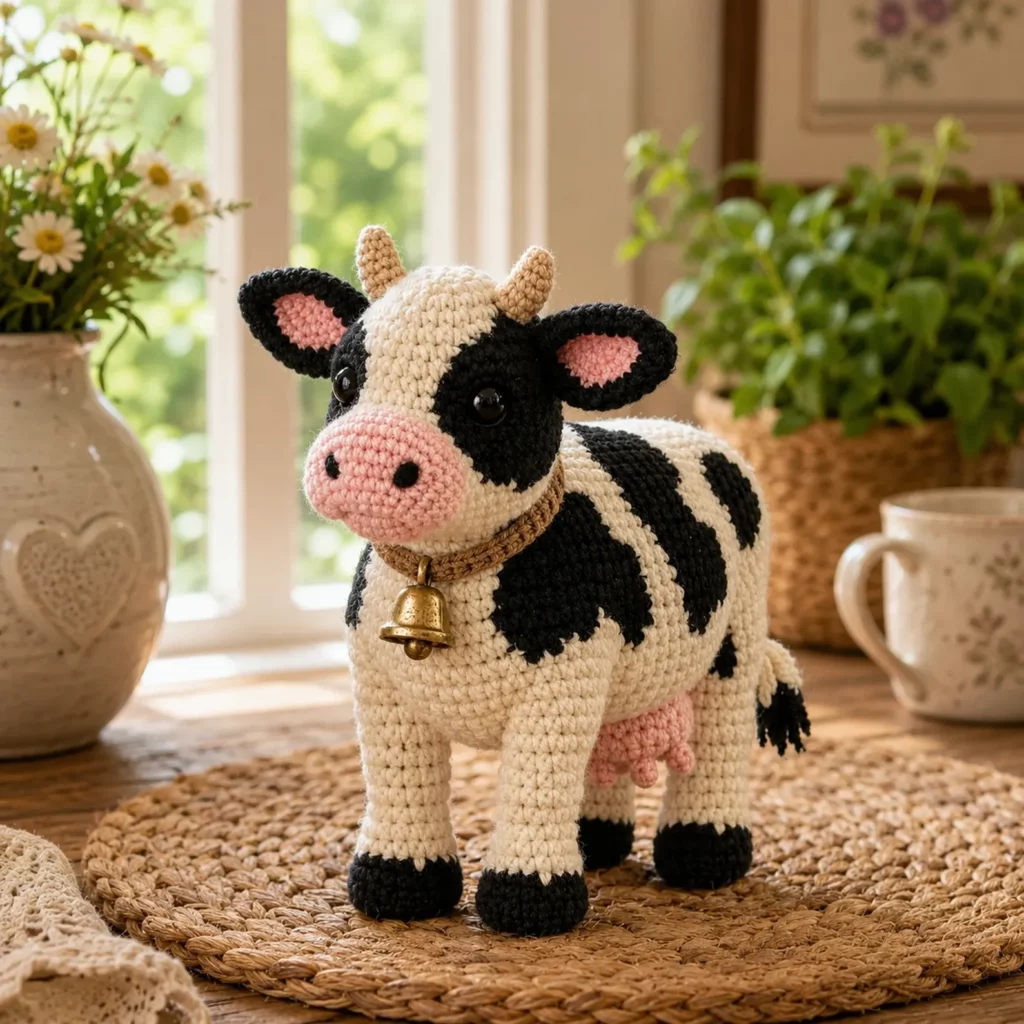 Cow Amigurumi Crochet Pattern: Cute Black-and-White Plush Cow With Pink Snout, Little Horns, Bell Collar, and Udder (photo 1)