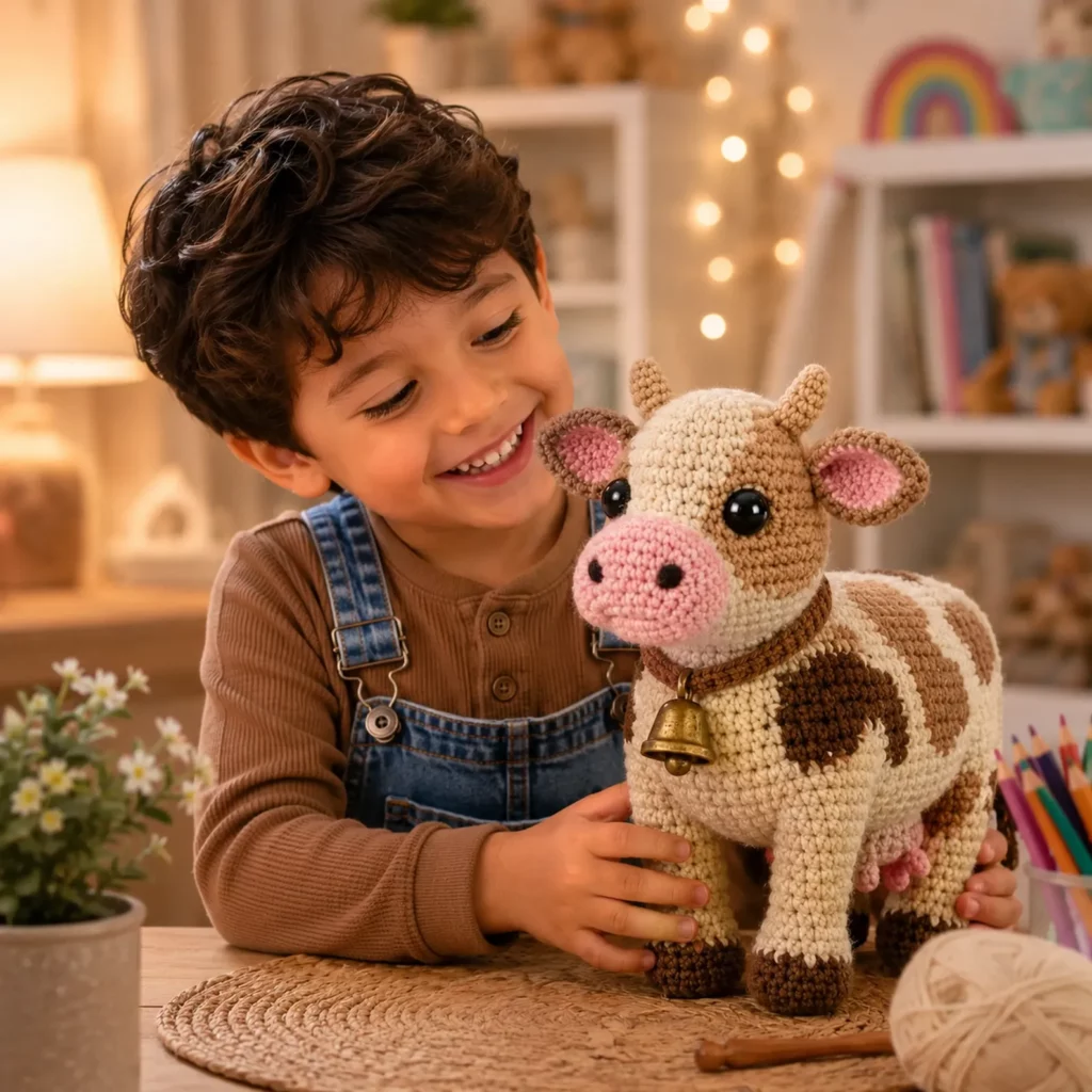 Cow Amigurumi Crochet Pattern: Cute Black-and-White Plush Cow With Pink Snout, Little Horns, Bell Collar, and Udder (photo 3)