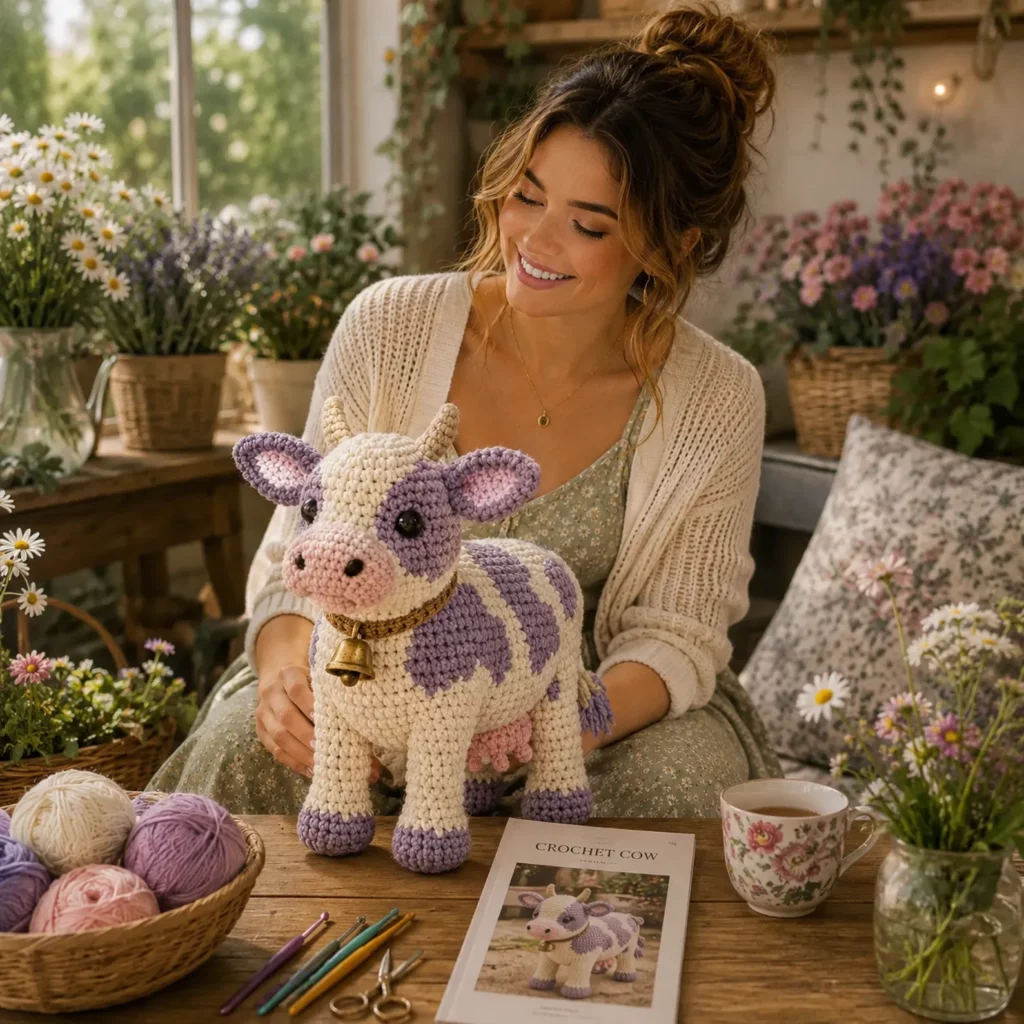 Cow Amigurumi Crochet Pattern: Cute Black-and-White Plush Cow With Pink Snout, Little Horns, Bell Collar, and Udder (photo 2)