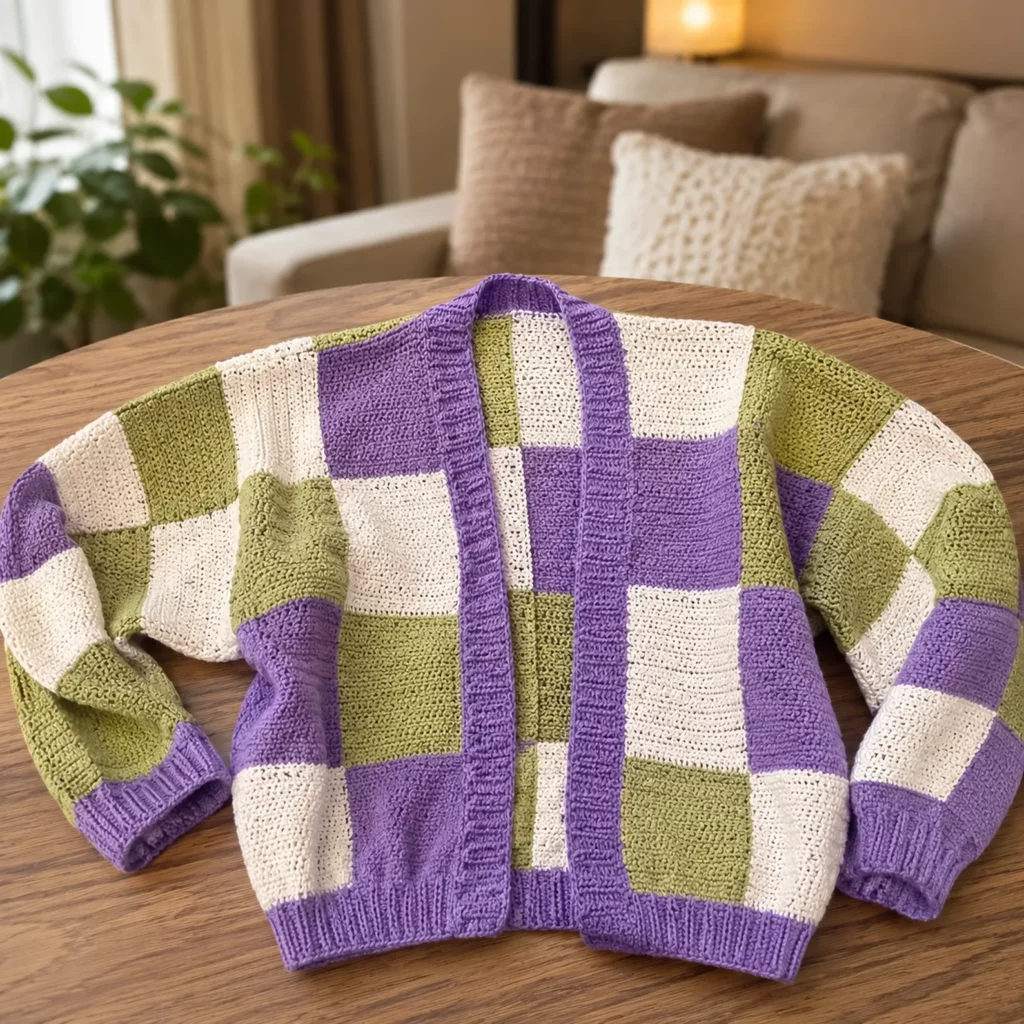 Cozy Checkerboard Patchwork Crochet Cardigan Pattern (photo 1)