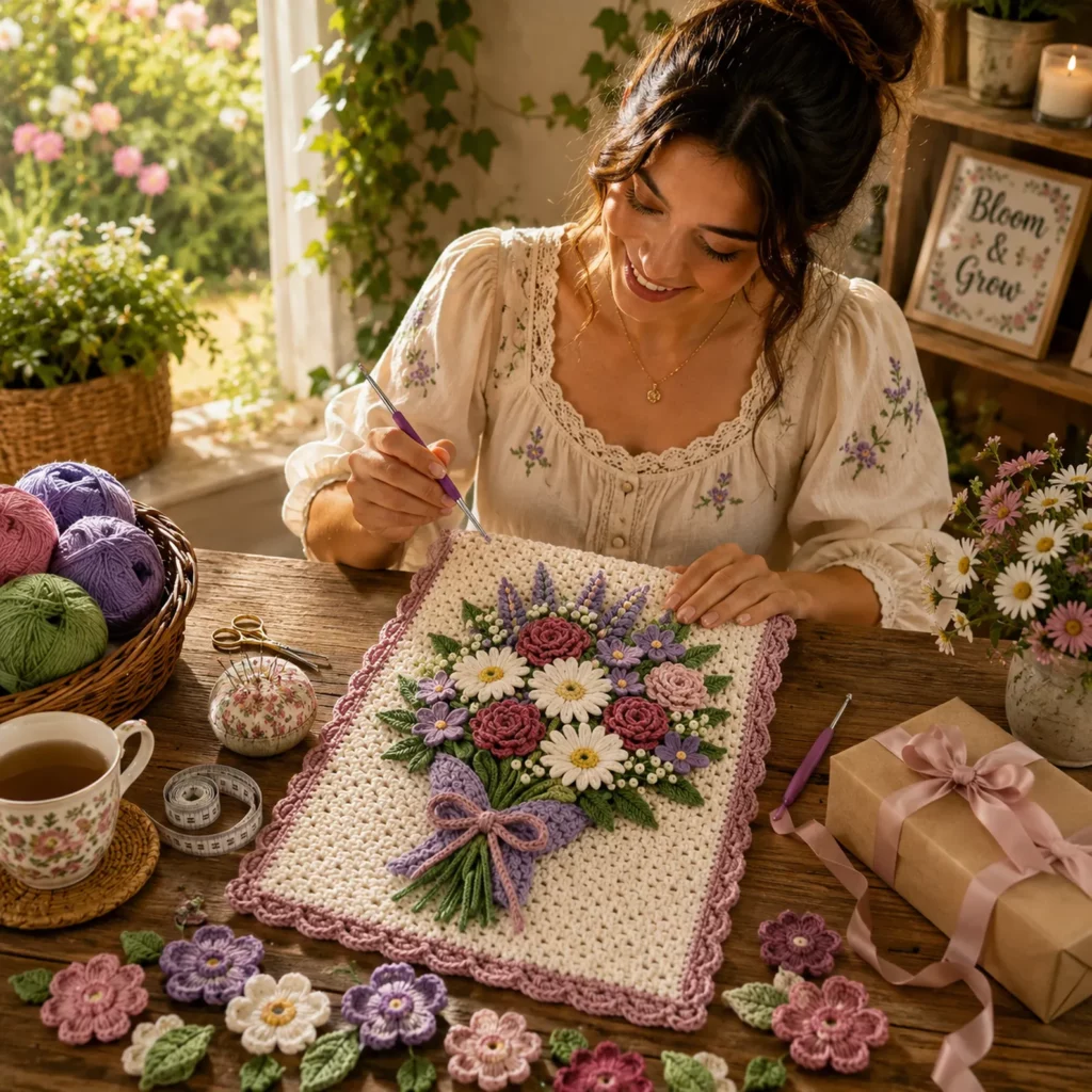 Crochet Bouquet Blanket Panel Crochet Pattern With 3D Flowers, Scalloped Border, and Gift-Ready Charm (photo 2)