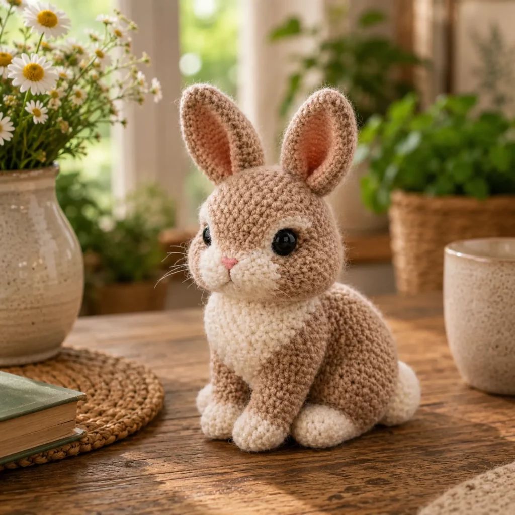 Crochet Bunny Amigurumi Pattern: A Sweet Realistic Rabbit Plush With Big Ears, White Belly, and Cute Button Nose (photo 1)