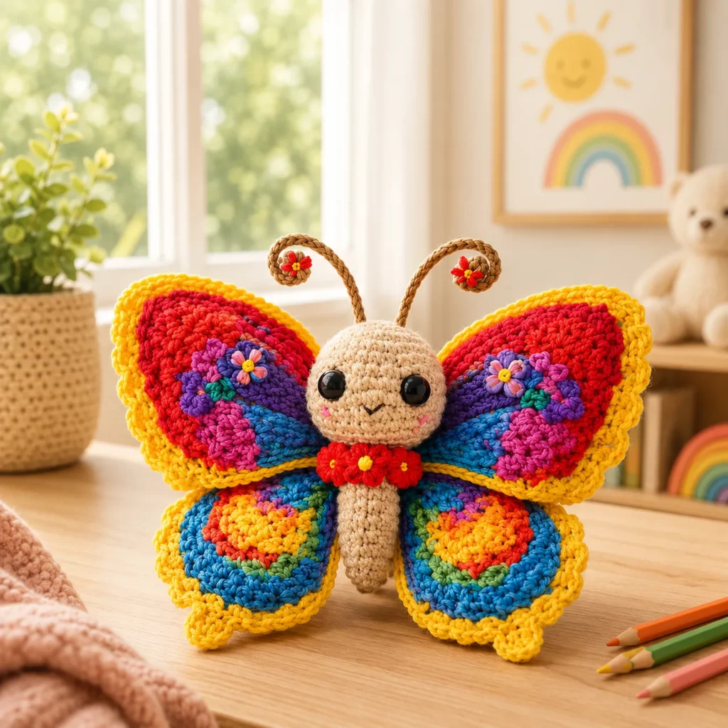 Crochet Butterfly Amigurumi Crochet Pattern With Rainbow Wings, Scalloped Edging, and Cute Antennae (photo 1)