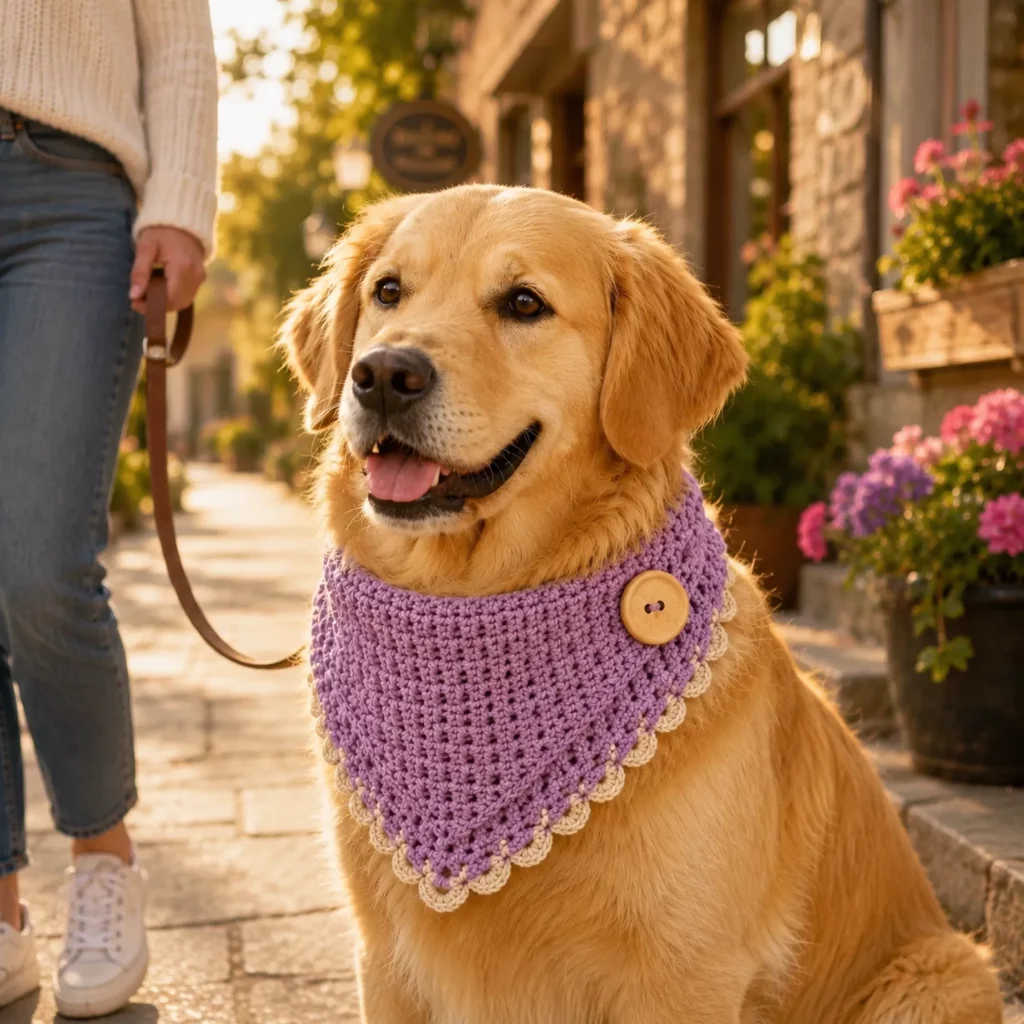 Crochet Dog Bandana Pattern: Easy Button-Up Pet Scarf With Cozy Texture and Cute Scalloped Edge (photo 1)