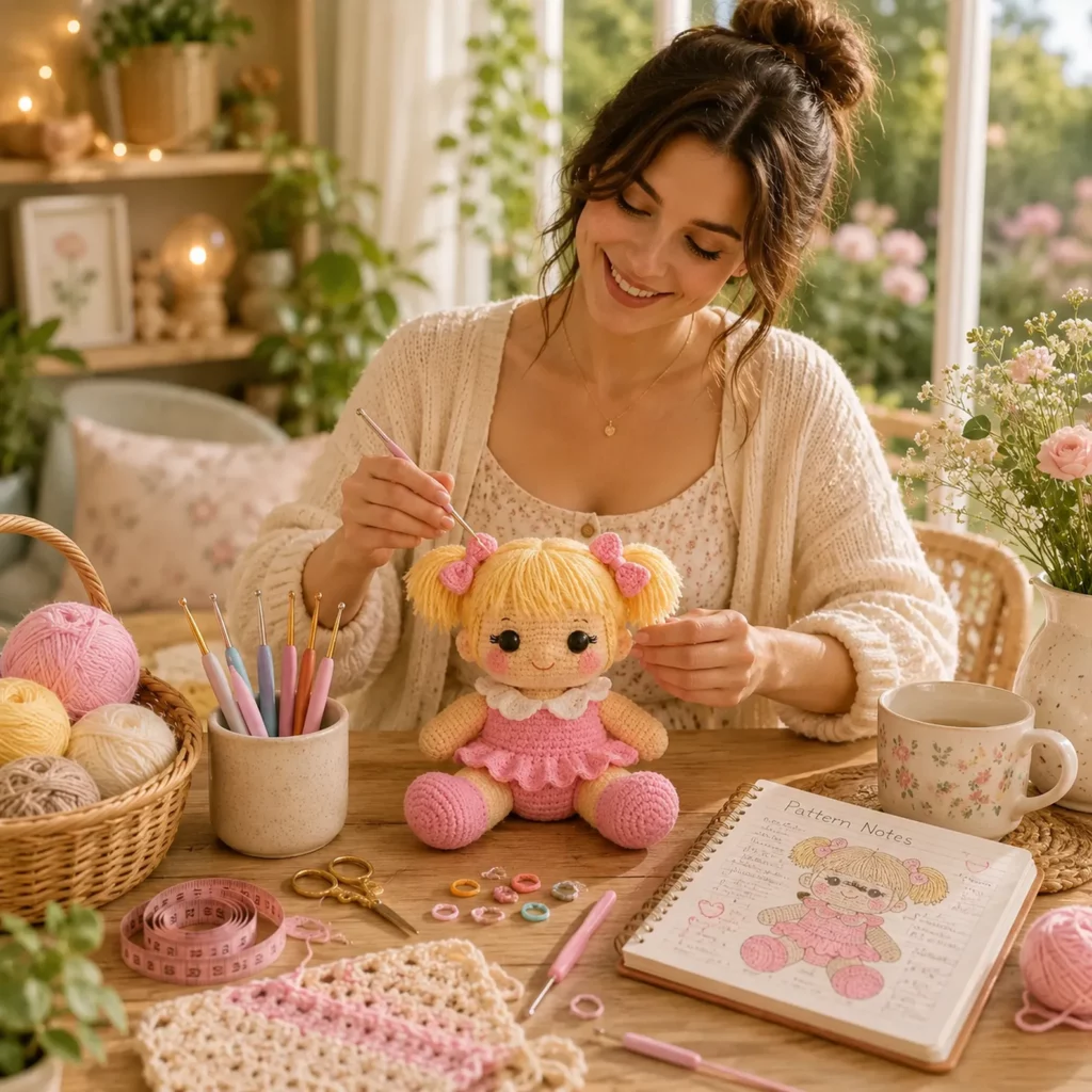 Crochet Doll Amigurumi Crochet Pattern With Pigtails, Pink Dress, and Sweet Ruffle Collar (photo 2)