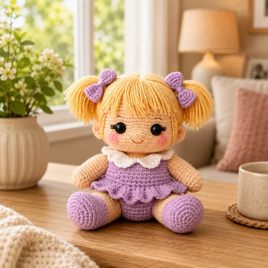 Crochet Doll Amigurumi Crochet Pattern With Pigtails, Pink Dress, and Sweet Ruffle Collar (photo 1)