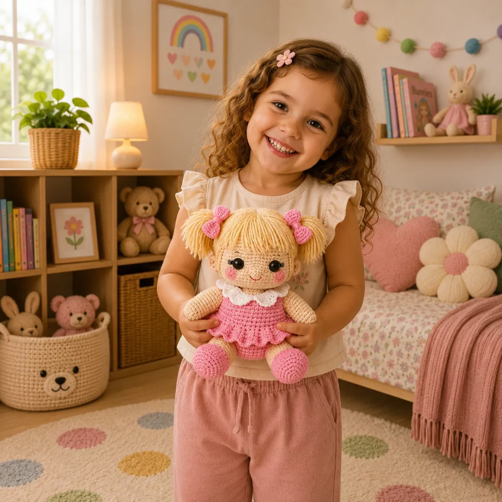 Crochet Doll Amigurumi Crochet Pattern With Pigtails, Pink Dress, and Sweet Ruffle Collar (photo 3)