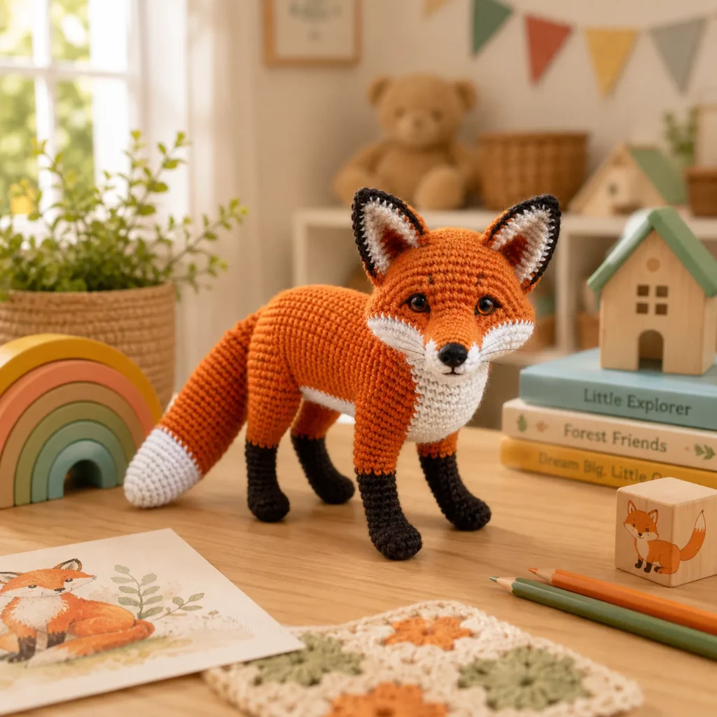 Crochet Fox Amigurumi Crochet Pattern With Realistic Face, White Chest, and Fluffy Tail Tip (photo 1)