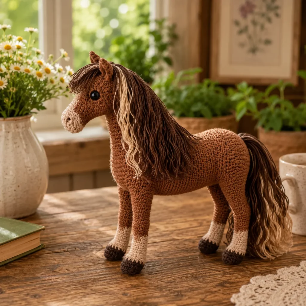 Crochet Horse Amigurumi Pattern: A Realistic Standing Pony With Long Mane, Fluffy Tail, and Cute Sock Hooves (photo 1)