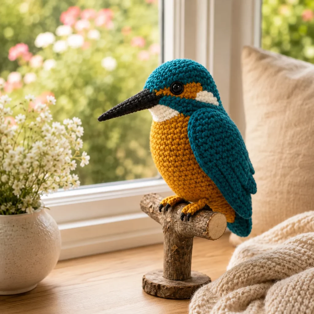 Crochet Kingfisher Amigurumi Crochet Pattern With Long Beak and Bright Color Blocks (photo 1)