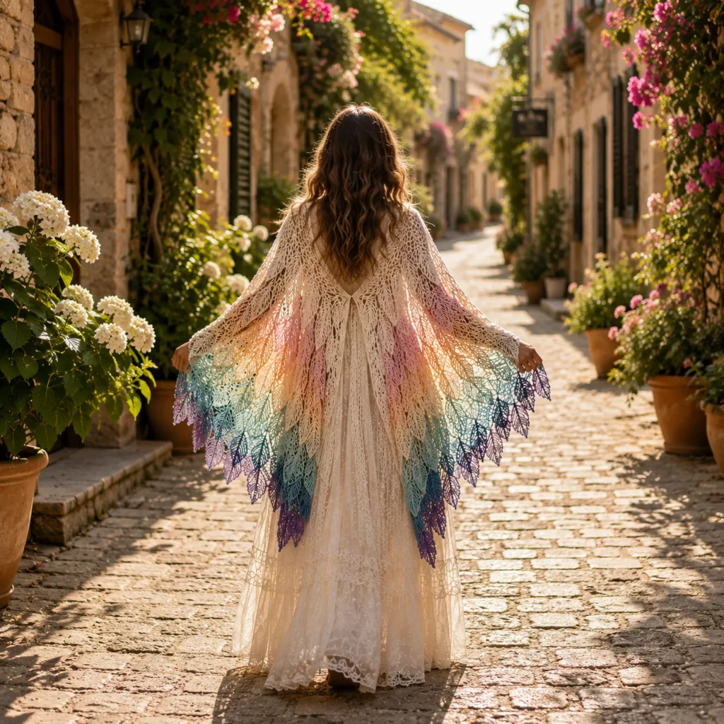 Crochet Leaf Cape Shawl Pattern: Stunning Rainbow Layered Wrap With Feather-Like Lace Motifs (photo 2)