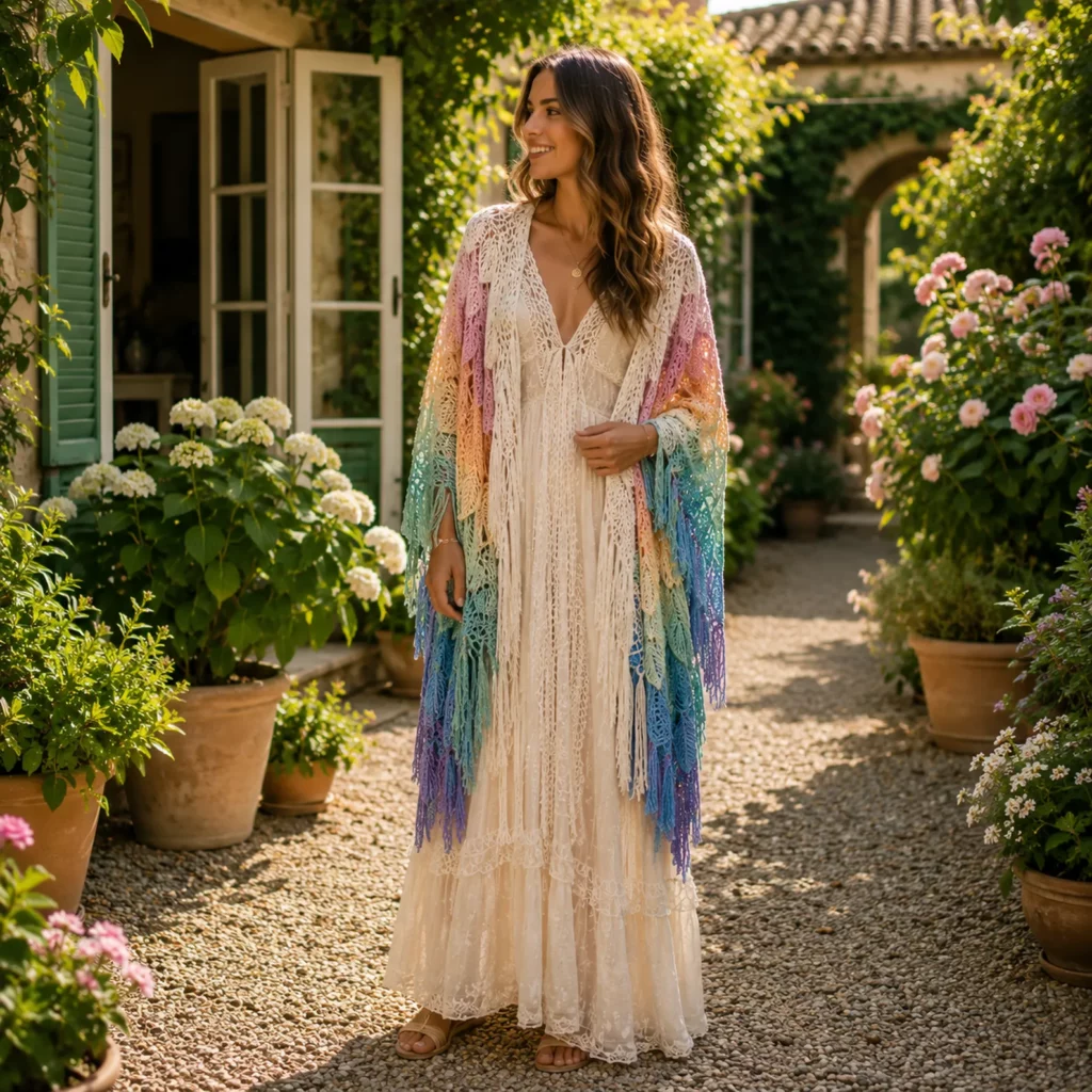 Crochet Leaf Cape Shawl Pattern: Stunning Rainbow Layered Wrap With Feather-Like Lace Motifs (photo 3)
