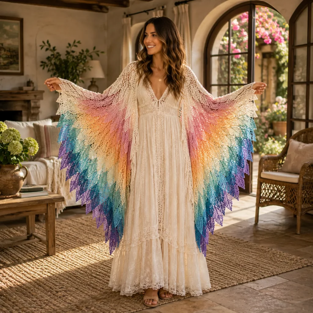 Crochet Leaf Cape Shawl Pattern: Stunning Rainbow Layered Wrap With Feather-Like Lace Motifs (photo 1)