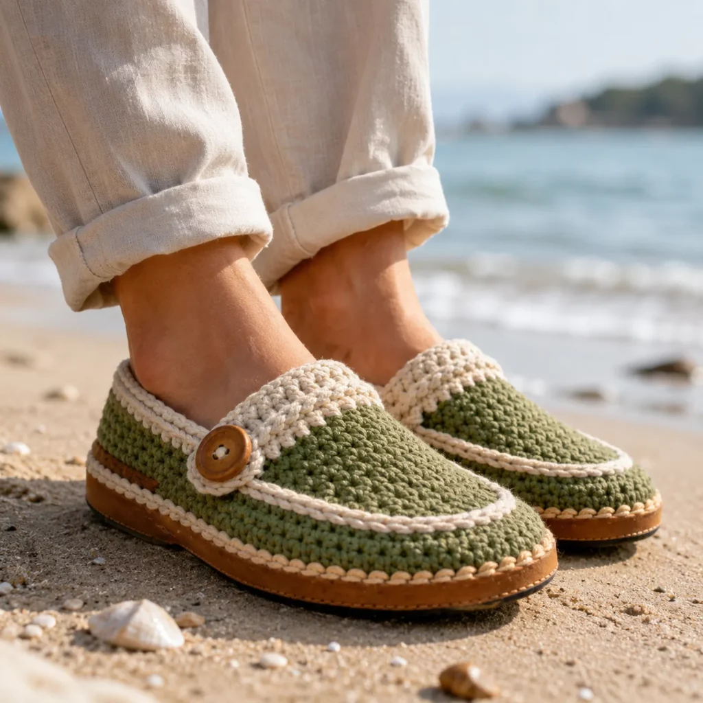 Crochet Loafer Slippers Pattern: Easy Nautical Slip-On Shoes With Button Strap and Cozy Trim (photo 1)
