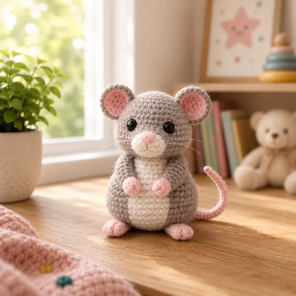 Crochet Mouse Amigurumi Crochet Pattern With Round Belly, Pink Paws, and Sweet Little Tail (photo 1)