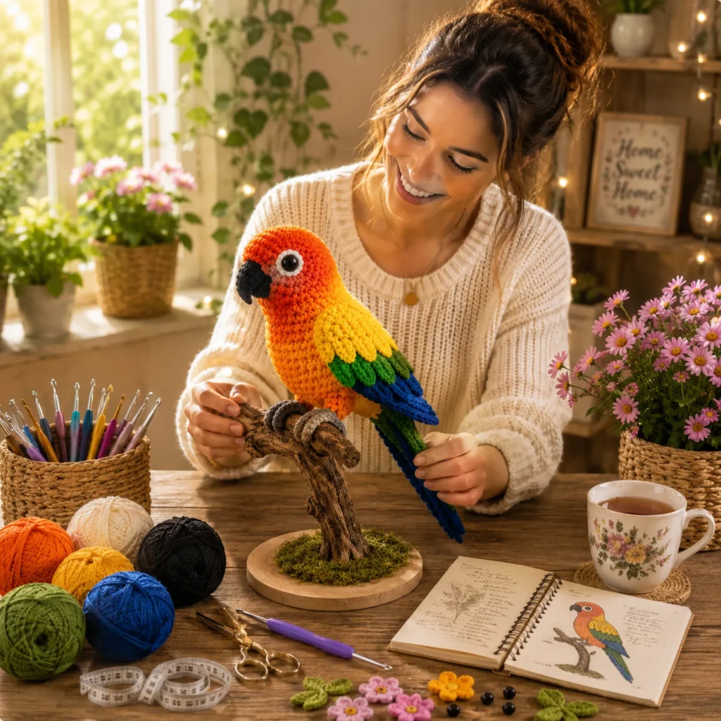 Crochet Parrot Amigurumi Crochet Pattern With Colorful Wings, Big Beak, and Perch Pose (photo 2)