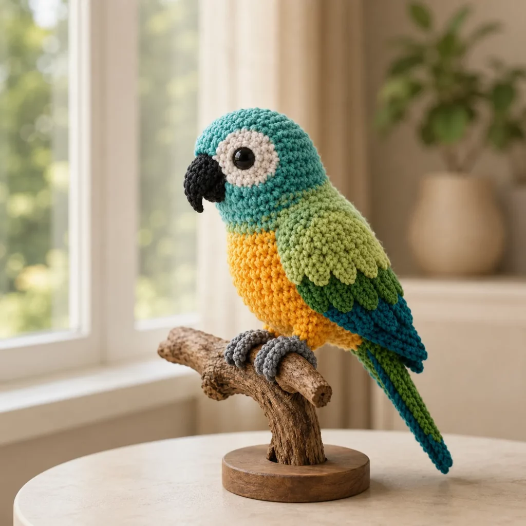Crochet Parrot Amigurumi Crochet Pattern With Colorful Wings, Big Beak, and Perch Pose (photo 1)
