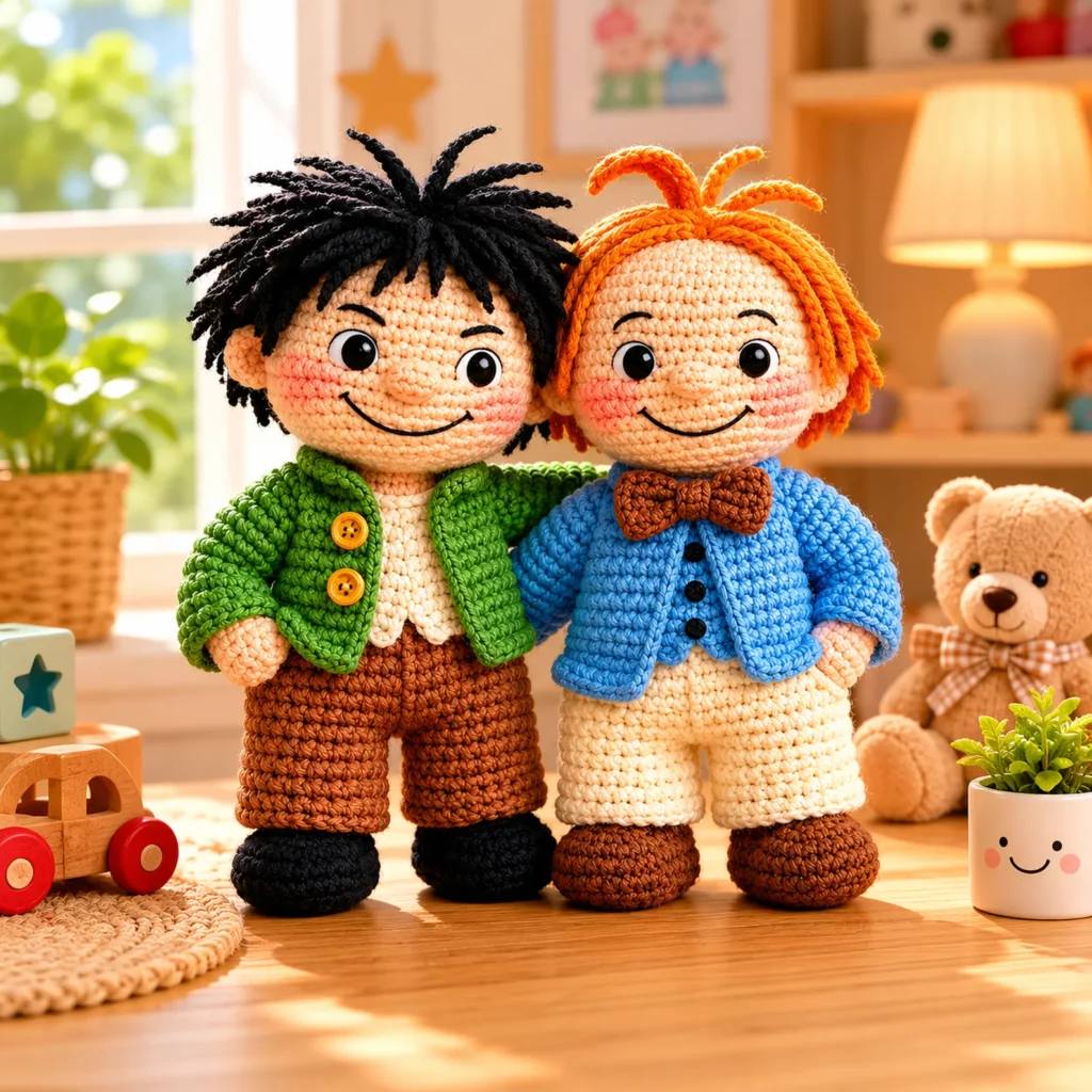 Crochet Pattern for Best Friend Amigurumi Dolls: Cute Matching Outfits With Cardigans, Bow Tie, and Yarn Hair (photo 1)