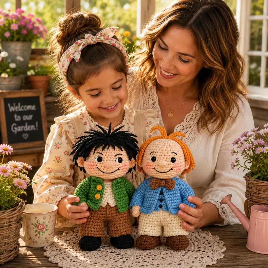 Crochet Pattern for Best Friend Amigurumi Dolls: Cute Matching Outfits With Cardigans, Bow Tie, and Yarn Hair (photo 3)