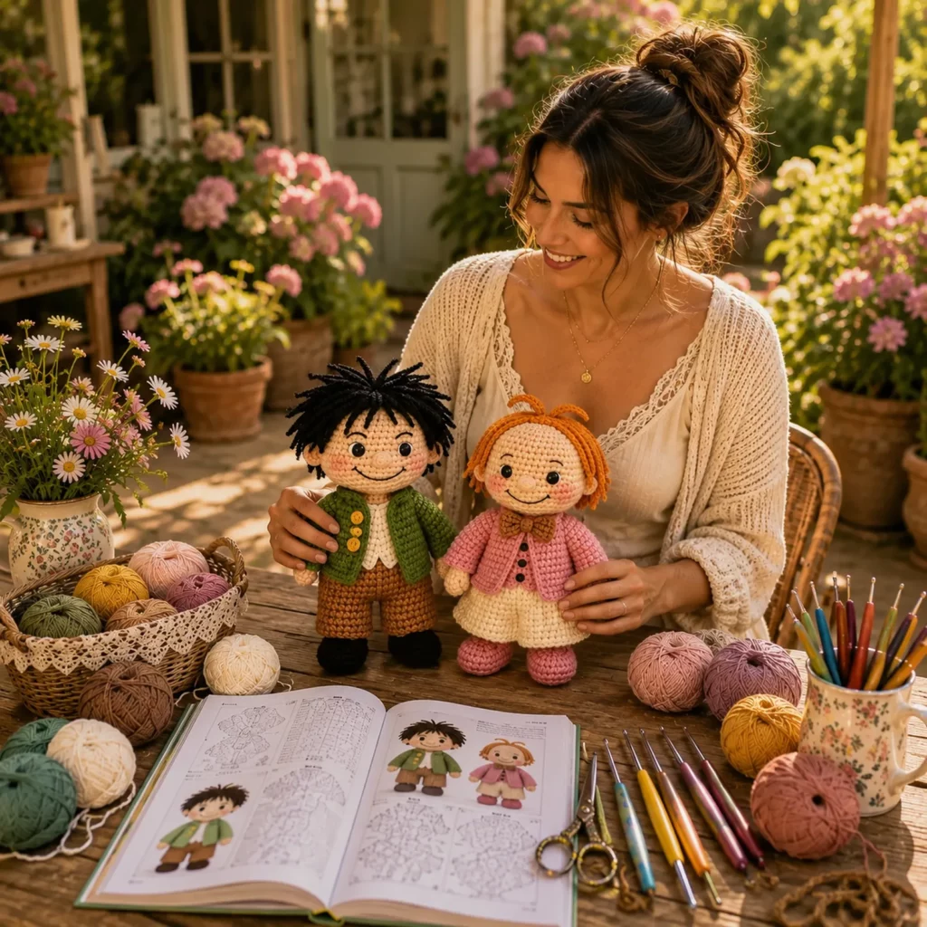 Crochet Pattern for Best Friend Amigurumi Dolls: Cute Matching Outfits With Cardigans, Bow Tie, and Yarn Hair (photo 2)