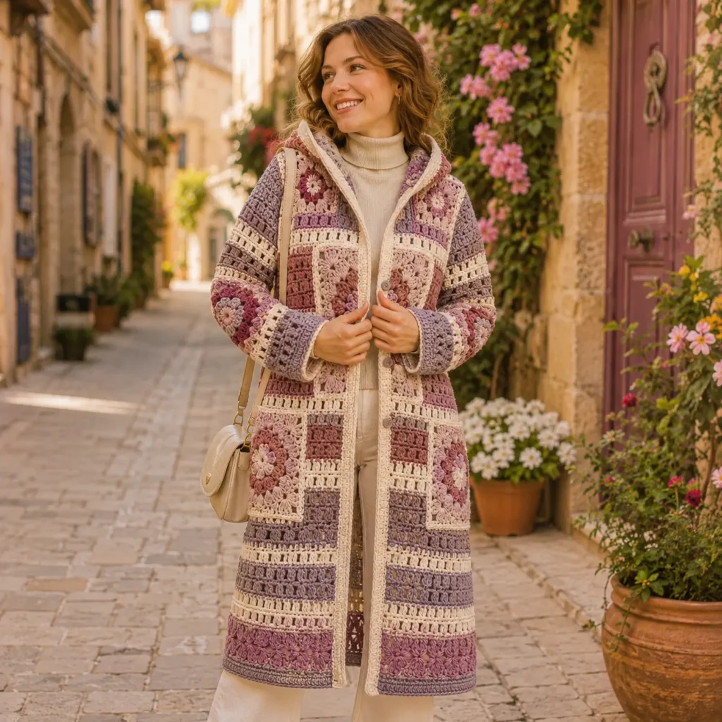 Crochet Pattern for a Boho Hooded Patchwork Coat (photo 1)