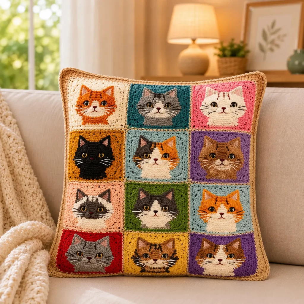 Crochet Pattern for a Cat Granny Square Pillow Cover: Cozy Patchwork Cushion Crochet Tutorial for Beginners (photo 1)
