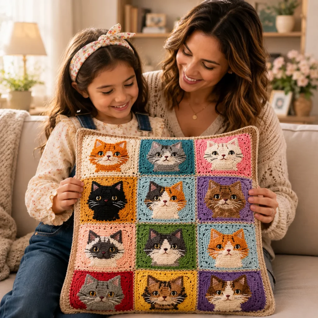 Crochet Pattern for a Cat Granny Square Pillow Cover: Cozy Patchwork Cushion Crochet Tutorial for Beginners (photo 3)