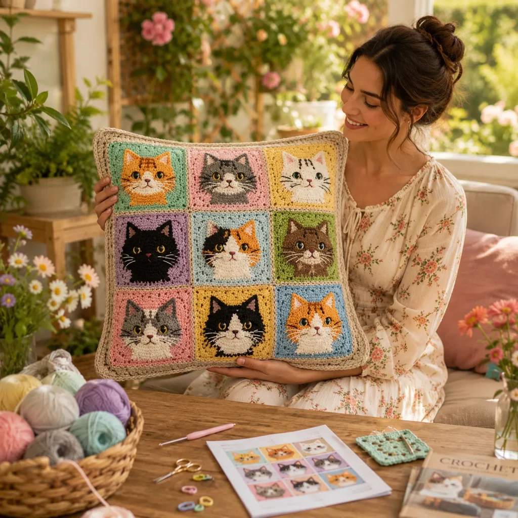 Crochet Pattern for a Cat Granny Square Pillow Cover: Cozy Patchwork Cushion Crochet Tutorial for Beginners (photo 2)