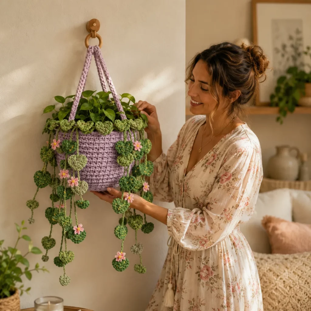Crochet Pattern for a Hanging Planter Basket With Heart Leaf Vines: Easy DIY Crochet Plant Hanger Tutorial (photo 3)
