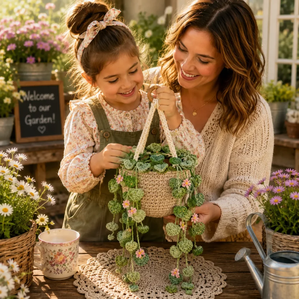 Crochet Pattern for a Hanging Planter Basket With Heart Leaf Vines: Easy DIY Crochet Plant Hanger Tutorial (photo 2)