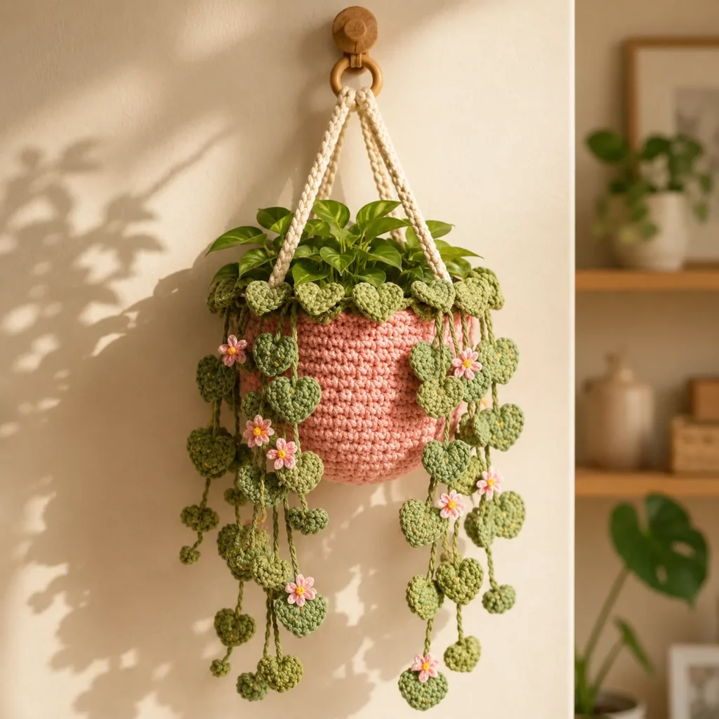 Crochet Pattern for a Hanging Planter Basket With Heart Leaf Vines: Easy DIY Crochet Plant Hanger Tutorial (photo 1)