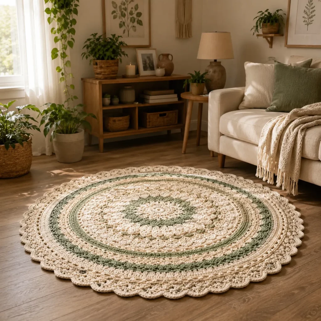 Crochet Pattern for a Round Lace Mandala Rug: Elegant Scalloped Floor Doily Rug Tutorial for Beginners (photo 1)